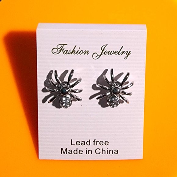 Halloween Jewelry / Spider Earring / Post / Rhinestone Crystal / Rhodium Plated - Picture 6 of 7